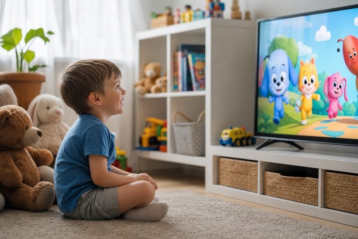 Kind schaut Zeichentrickserie auf dem Fernseher
